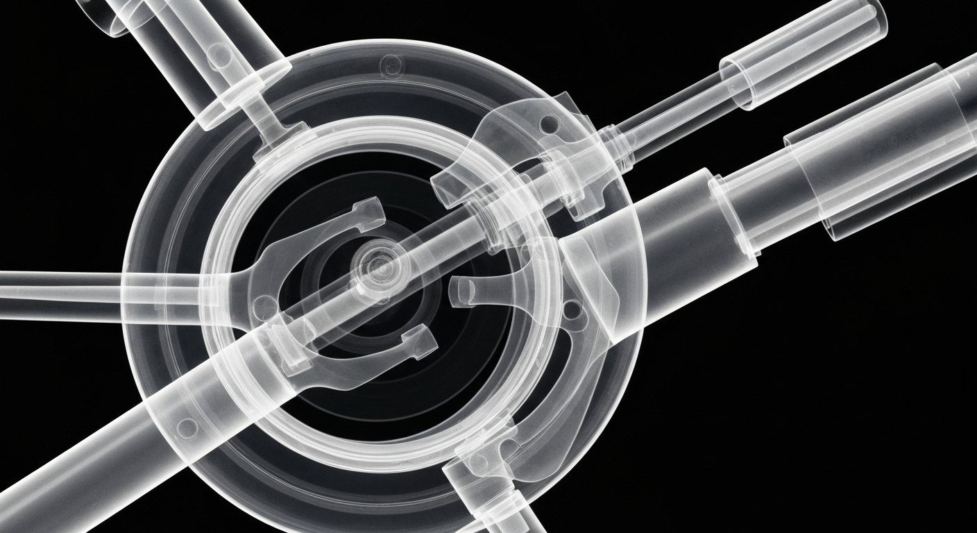 An extreme close-up X-ray image revealing the intricate internal structure of a surgical instrument used in eye procedures, conceptually illustrating the advanced medical technology and commitment to patient safety at LaserCare Eye Center.