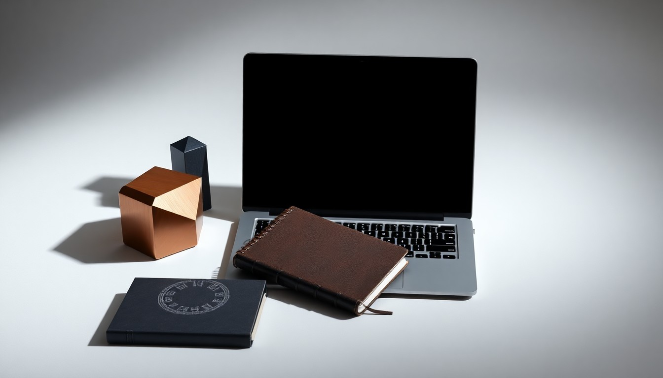 A high-end studio still life featuring a sleek laptop, leather notebook, and metallic geometric shapes, conveying the abstract concepts of data-driven marketing insights and strategic business transformation.