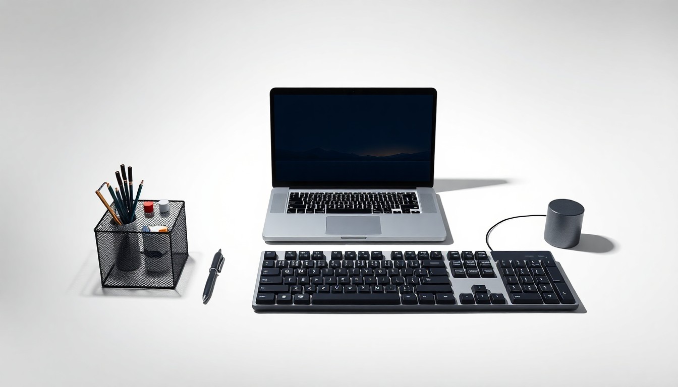 A photorealistic studio still life featuring a laptop, desk organizer, and mechanical keyboard arranged elegantly on a clean white background, conceptually representing the data-driven tools that help Amazon sellers improve their product discoverability.