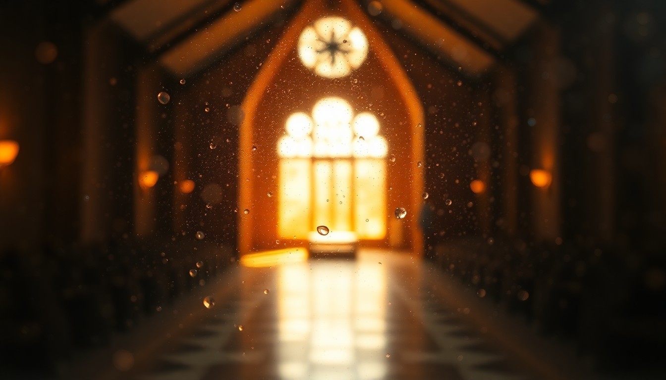 An extremely blurred, impressionistic scene of soft, glowing light and color, conceptually representing the open, welcoming atmosphere of a spiritual sanctuary.