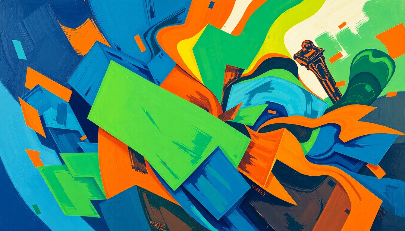 A dynamic, abstract painting with overlapping geometric shapes and waves of bold, contrasting colors like deep blue, bright orange, and vivid green, conceptually representing the fractured debate over free speech on college campuses.