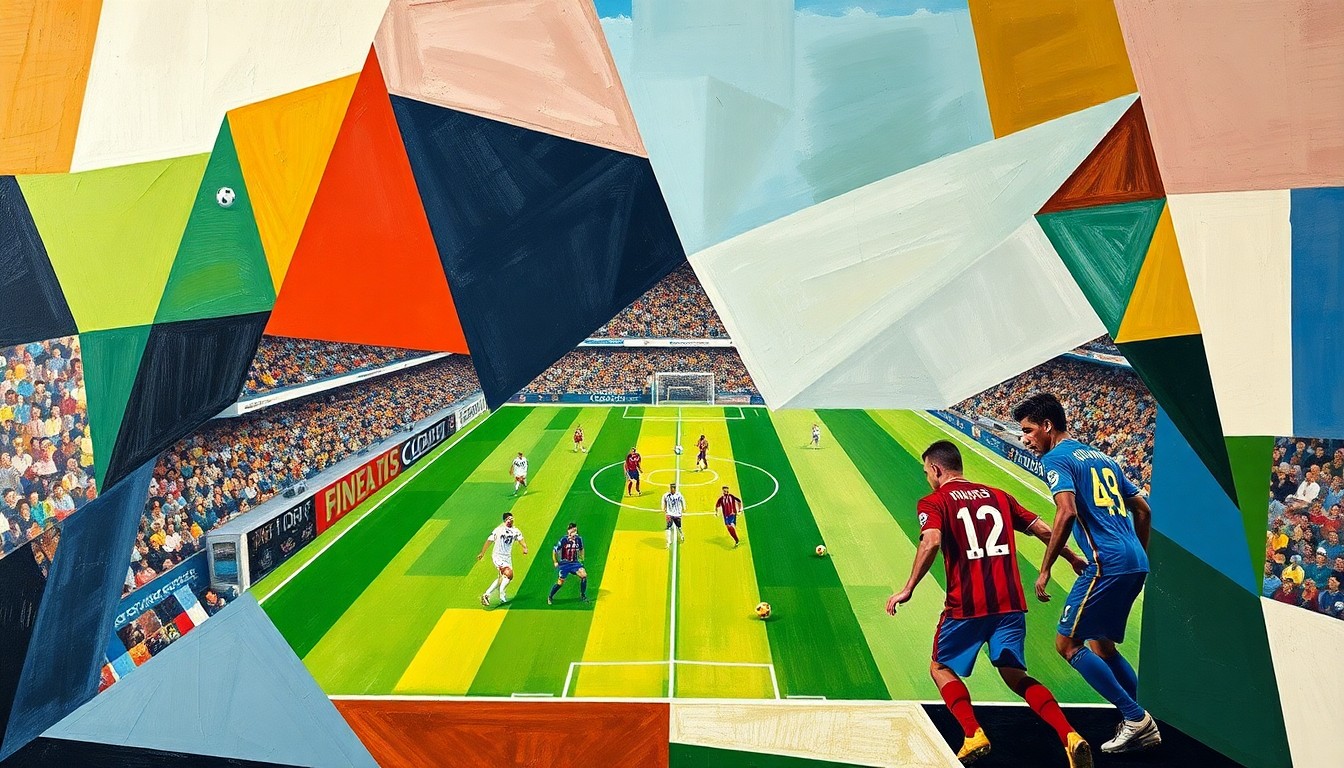 A fractured, multi-perspective painting breaking down a La Liga football match into sharp, overlapping geometric planes in the colors of the competing teams' uniforms.