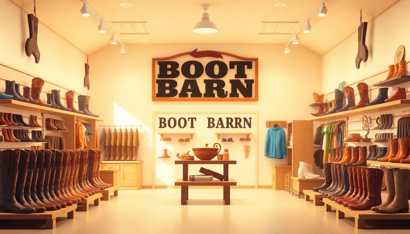 A clean, minimalist 3D illustration depicting the interior of a modern Boot Barn retail store, with neatly arranged displays of cowboy boots, workwear, and western-themed home decor, conveying a sense of premium quality and rustic charm.