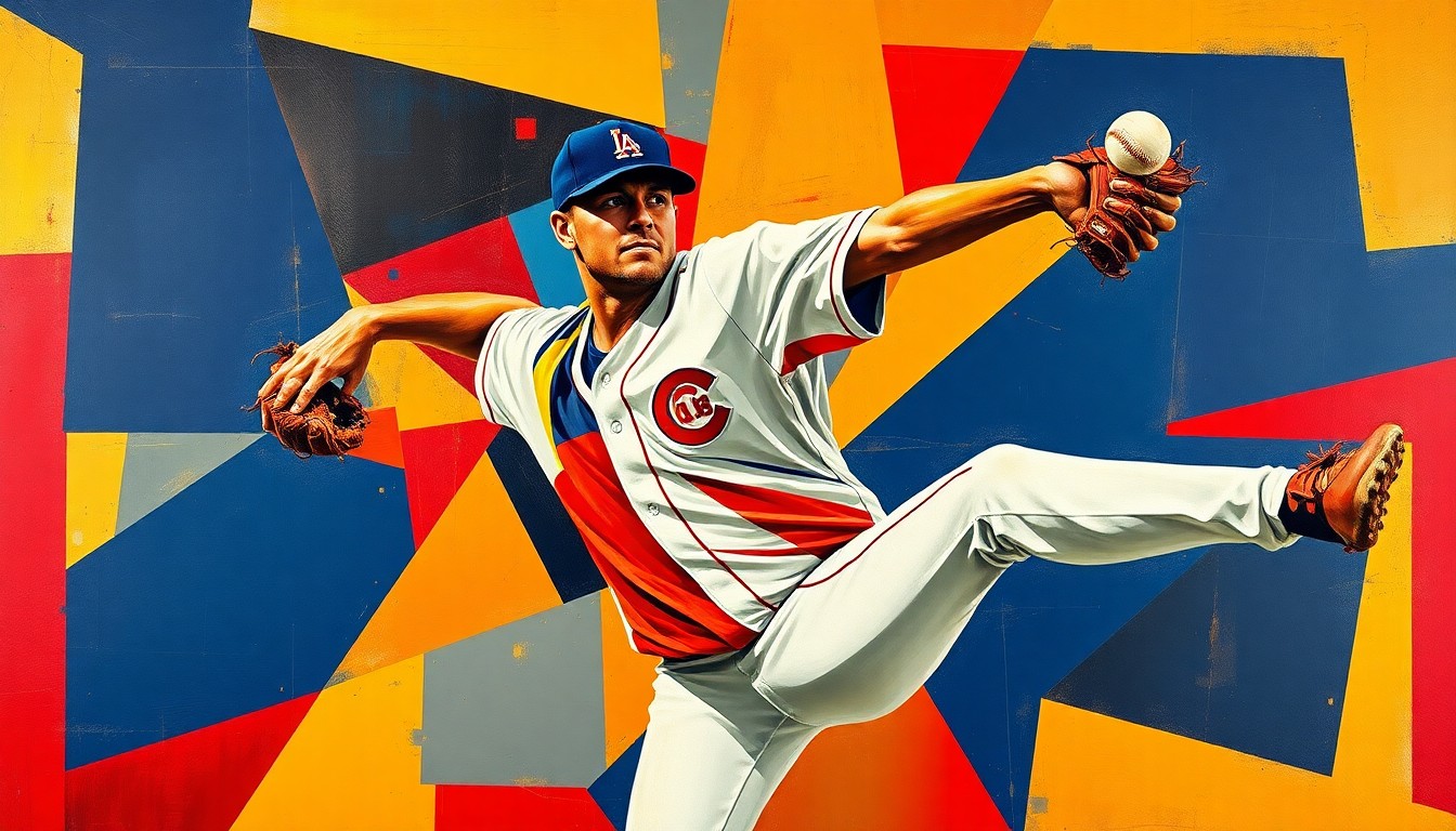 A fragmented, geometric painting depicting a baseball pitcher's throwing motion, with sharp planes of navy, red, and gold colors overlapping to create a dynamic, abstract composition.