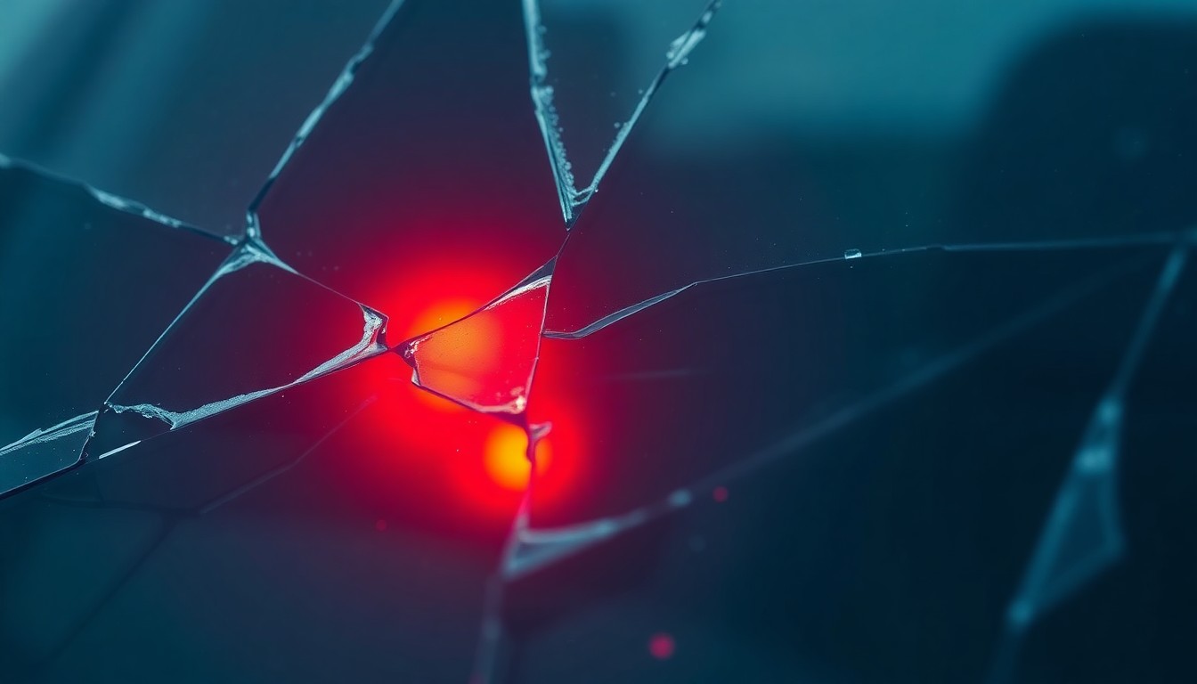 An extreme close-up photograph of a shattered car windshield, the glass reflecting a faint red light, conceptually illustrating the tragic consequences of a police encounter gone wrong.