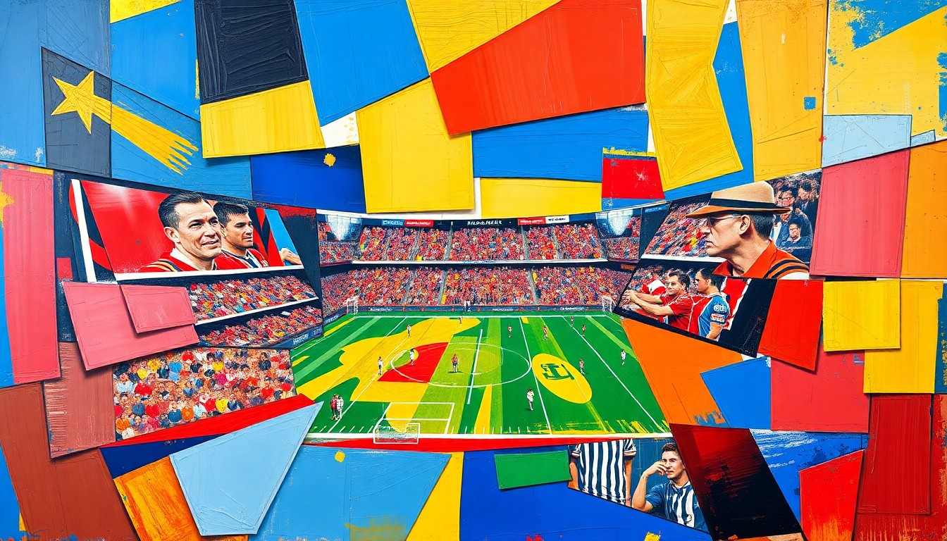 A fragmented, geometric painting in bold primary colors depicting a football game or match, with players and the field deconstructed into sharp, overlapping planes, conveying the strategic challenges the Bills face in rebuilding their roster.