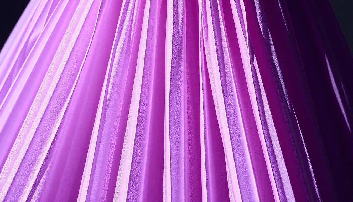 An extreme close-up photograph of shimmering lilac pleated fabric, capturing the luxurious texture and vibrant spring color of the Halara x Smiley skirt in dramatic high-contrast studio lighting.