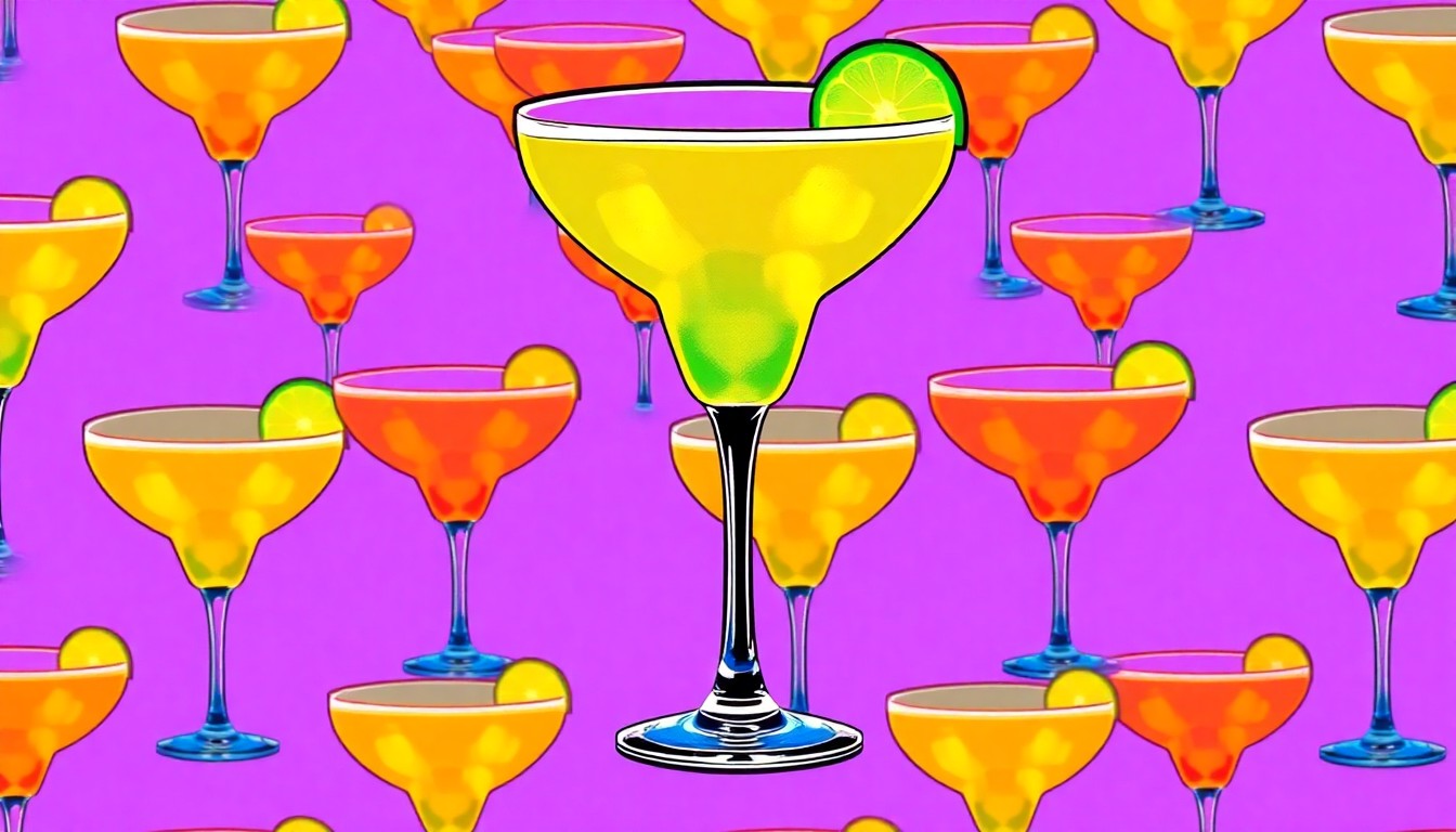 A bold, colorful silkscreen-style illustration featuring a repeated pattern of a margarita glass in neon shades of green, pink, and blue, capturing the festive and lively spirit of the Margarita Crawl event.
