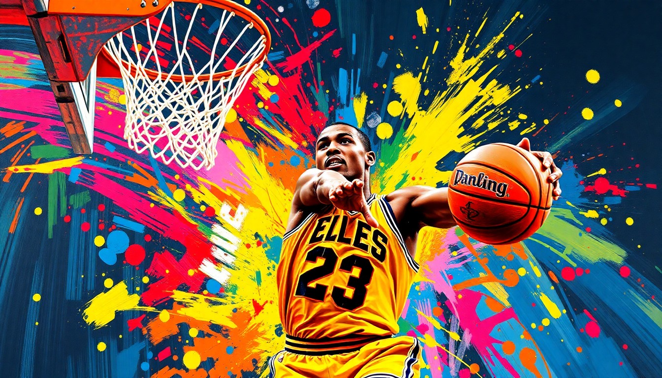 An abstract, expressionist painting featuring bold, neon-colored brushstrokes that capture the intense energy and movement of a basketball player driving to the hoop, their face and jersey dissolving into a vibrant, textured blur.