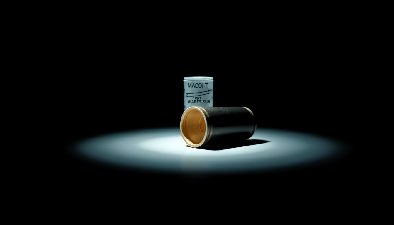 An extreme close-up photograph of a spent shell casing from a handgun, lit by a harsh, direct camera flash against a pitch-black background, conveying the gritty, investigative nature of the crime scene.