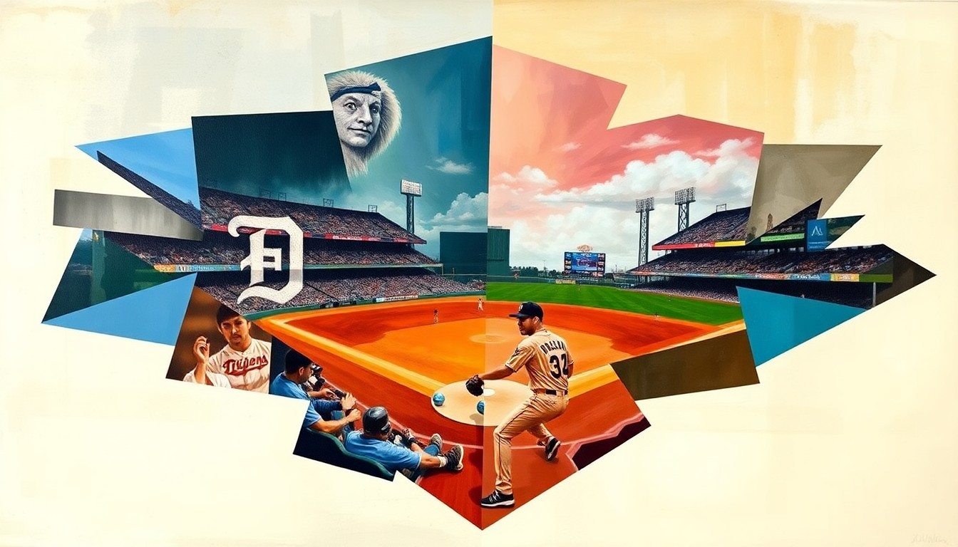 A cubist-style painting featuring sharp, overlapping geometric shapes in shades of green, blue, and orange, representing the collision between Tigers outfielders during the game against the Twins.
