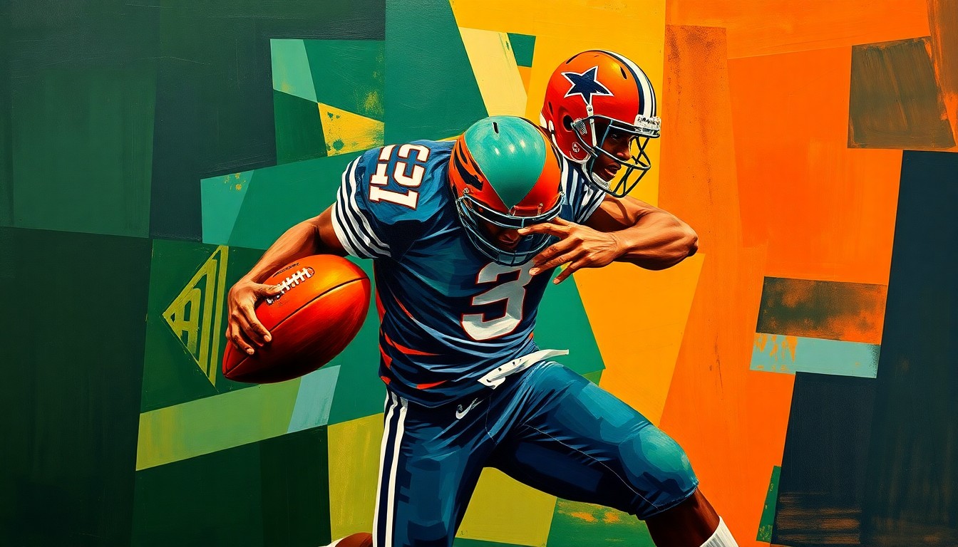 A fragmented, geometric painting depicting the explosive movements of a football player rushing the quarterback, with sharp planes of deep green, orange, and navy blue colliding to capture the raw energy of the sport.