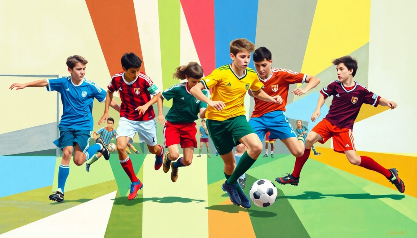 A fragmented, geometric painting depicting the dynamic movements and energy of a high school soccer match, with players' forms abstracted into sharp, overlapping shapes and planes of color.