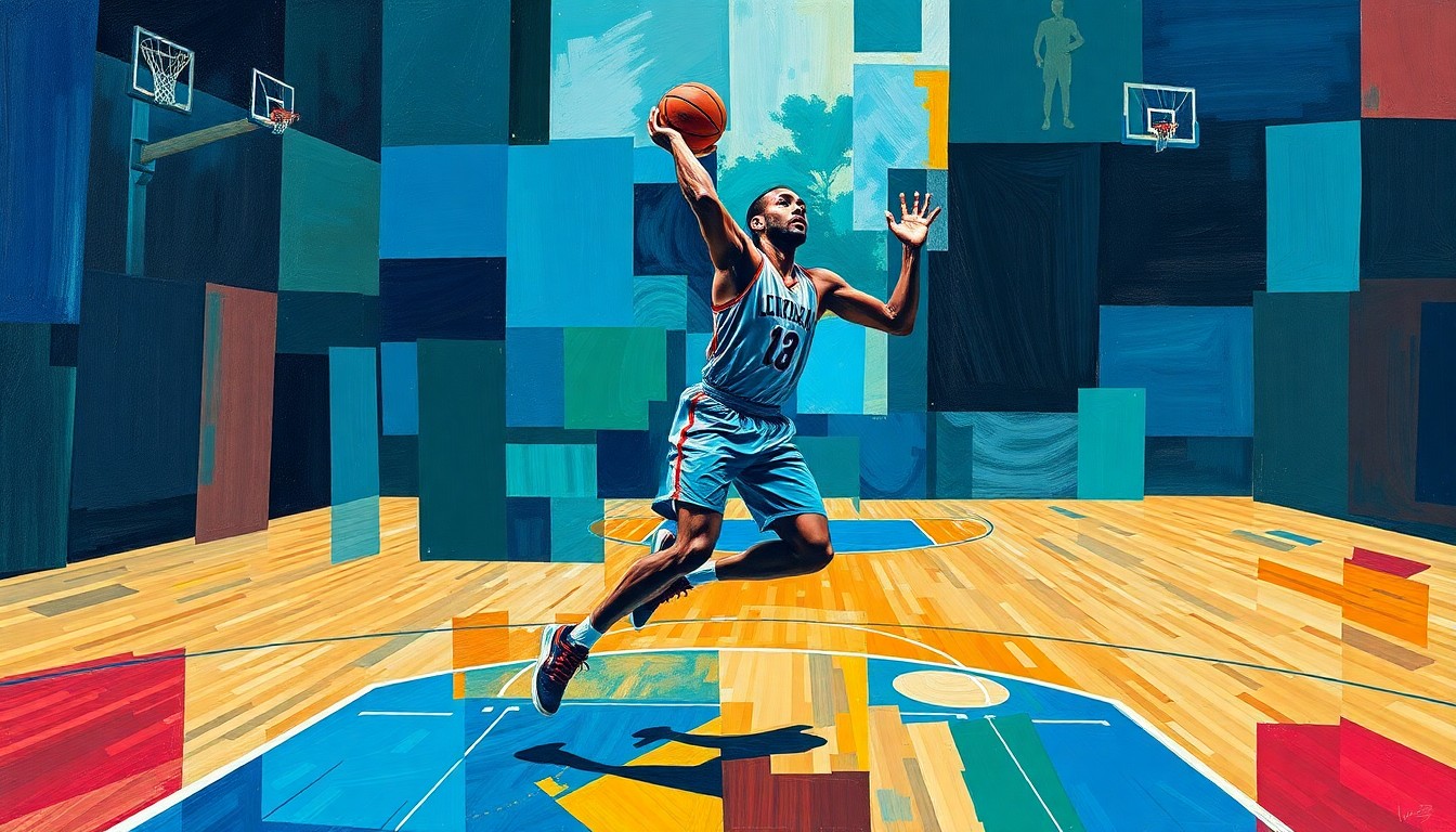 A fractured, multi-perspective painting depicting a basketball player in motion, with sharp, overlapping geometric planes in a color palette of deep blues, greens, and reds, conveying the emotional and physical challenges of Tatum's return to the site of his Achilles injury.