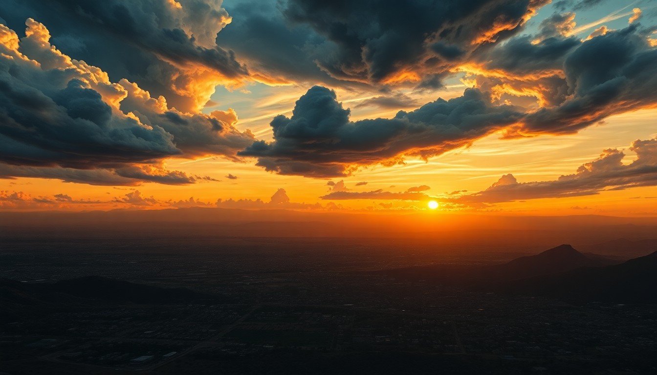 A sweeping, atmospheric landscape painting in muted tones of orange, pink, and blue, depicting the vast, dramatic sky and clouds over a distant cityscape, conveying the sublime scale of the natural world.
