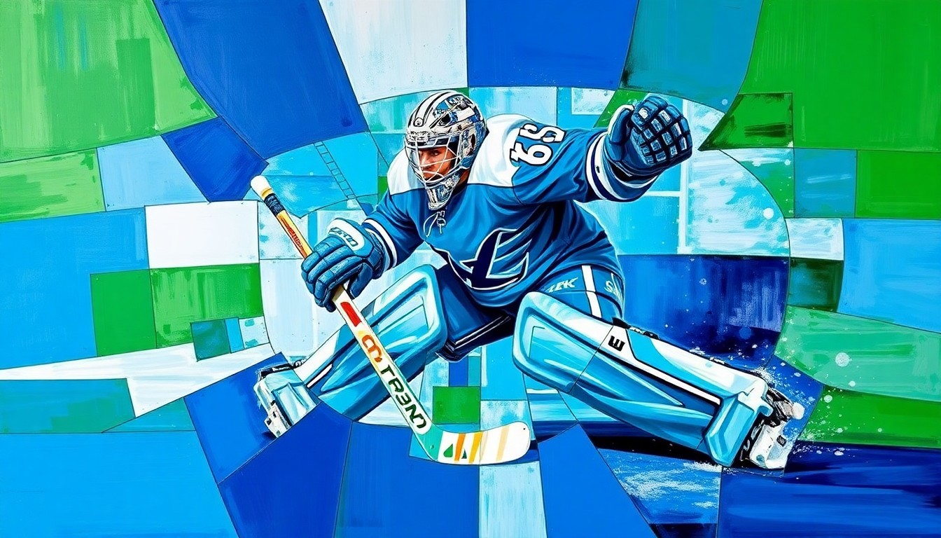 A fragmented, geometric painting depicting a hockey goaltender making a save, with sharp, overlapping planes of color representing the dynamic action of the play.