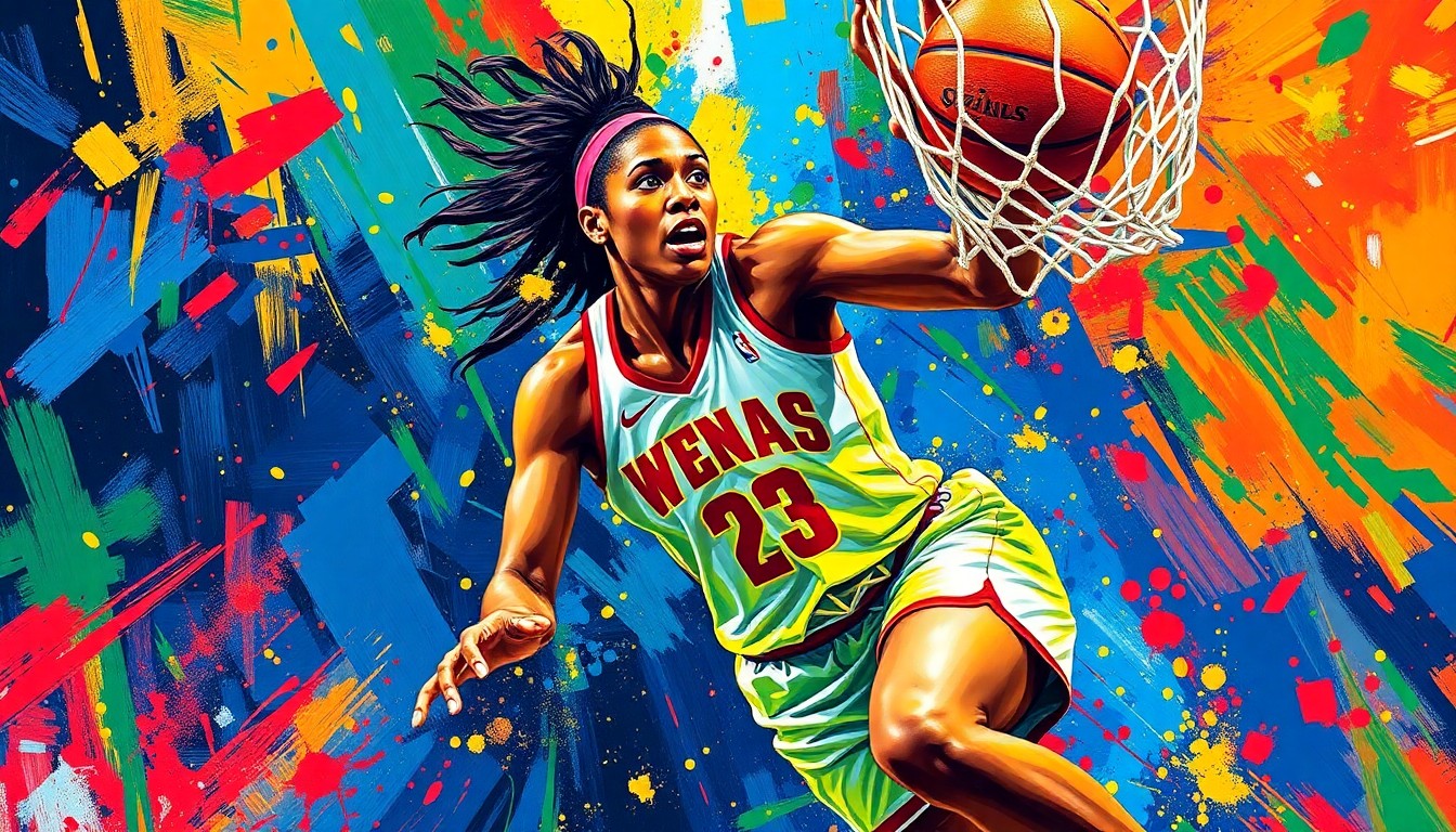 An extreme close-up of a WNBA basketball player driving forcefully to the hoop, with their face and jersey blurred into vibrant, expressive brushstrokes of neon pink, electric blue, and highlighter yellow, conveying the raw energy and dynamism of professional women's basketball.