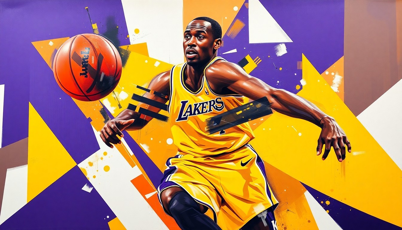 A fragmented, geometric painting in vibrant purple, gold, and white hues, depicting a basketball player's return from injury through a cubist, multi-perspective lens.