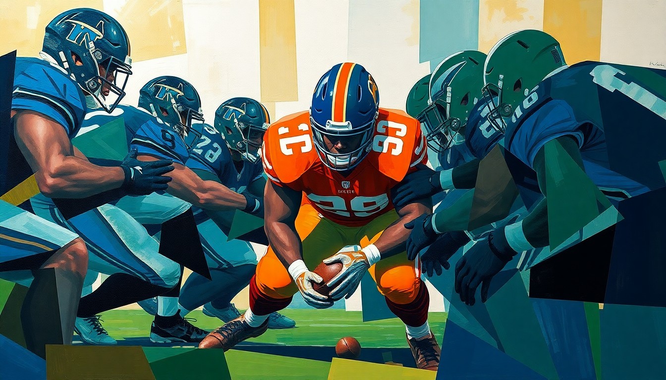 A cubist-style painting depicting a defensive lineman in the middle of a play, with the figure broken down into sharp, overlapping geometric shapes in navy, green, and orange hues, conveying the conceptual tension and fragmentation of the contract dispute.