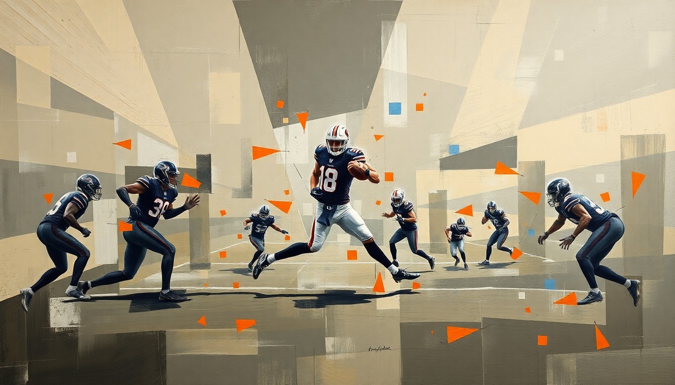 A cubist-style painting depicting a football game or quarterback action, with the scene broken down into sharp, overlapping geometric shapes in muted earth tones and greys, with flashes of orange and blue.