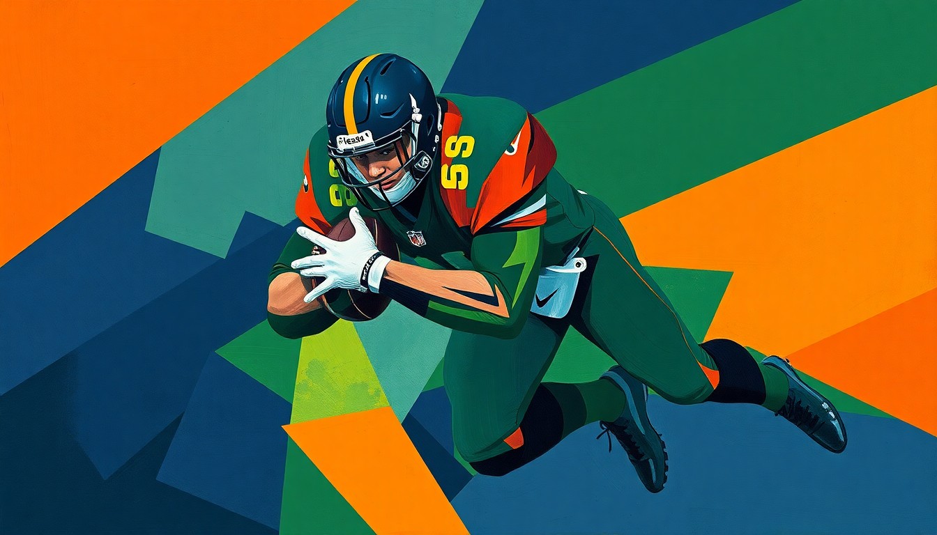 A fragmented, geometric painting depicting the forceful movements of a defensive lineman making a tackle, rendered in a cubist style using bold, angular shapes and a muted color palette.