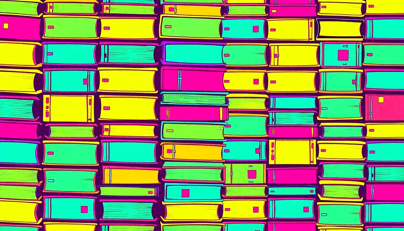 A vibrant, high-contrast silkscreen print featuring a repeating grid of school supplies like textbooks, pencils, and notebooks, rendered in a bold, pop art style.