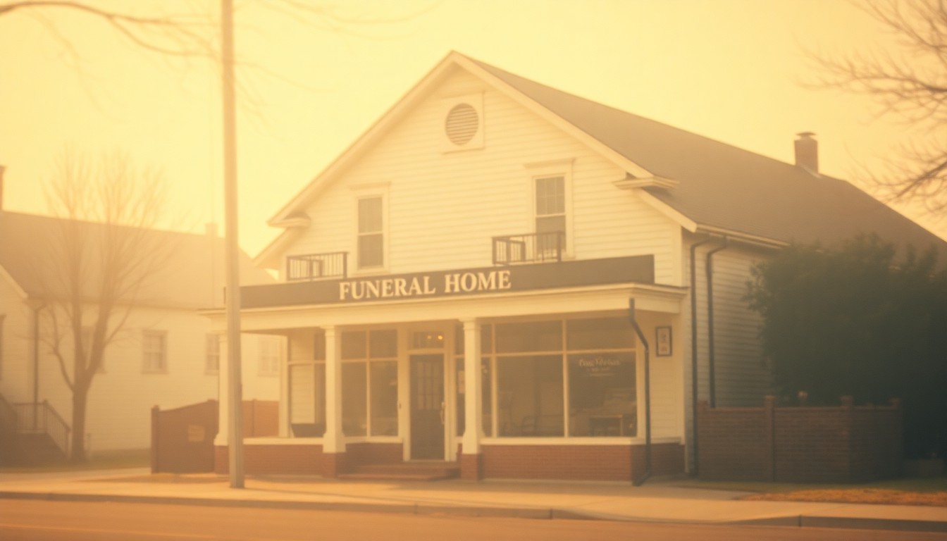 A blurred, impressionistic photograph of a traditional brick and stone funeral home building, with a warm, hazy glow of light and color that evokes a sense of community history and enduring tradition.