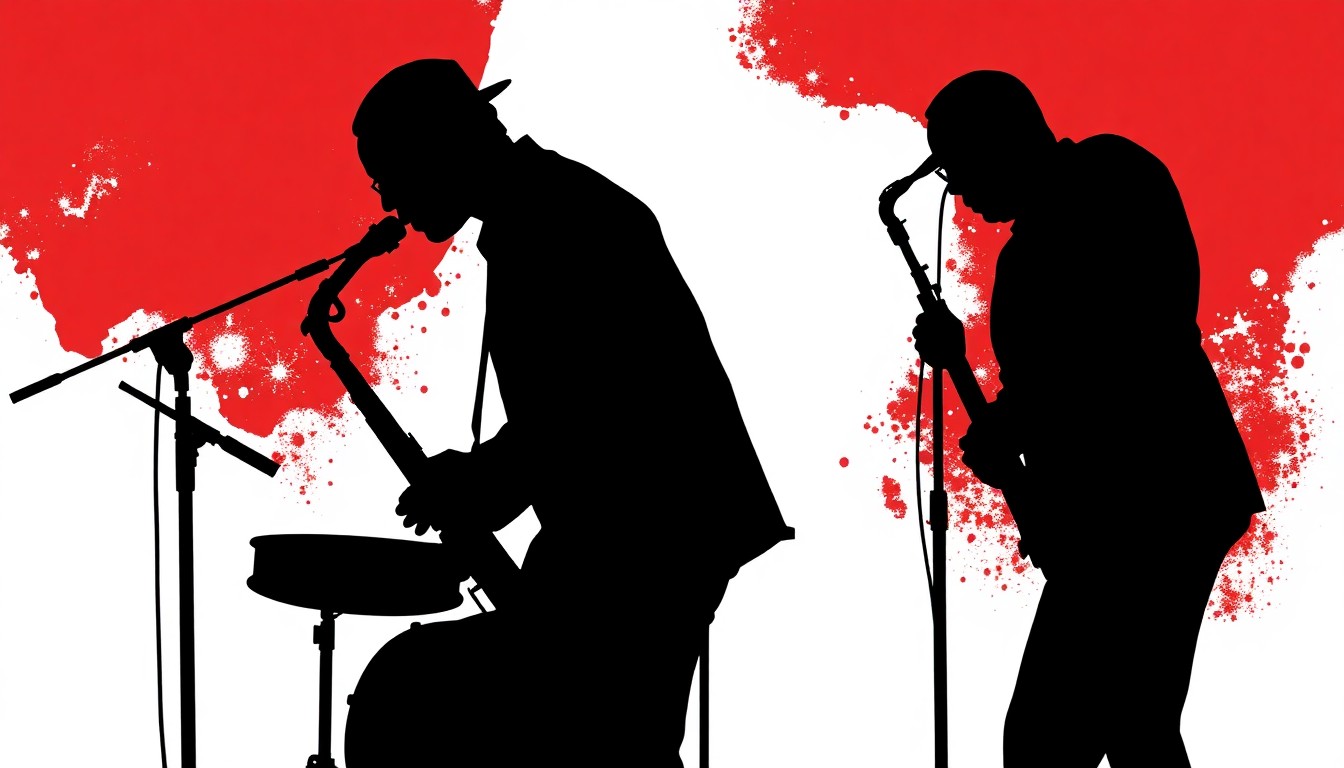A bold, graphic composition of stark black silhouettes and high-contrast solid colors like red and white, abstractly representing the energy and improvisational spirit of a live jazz performance.