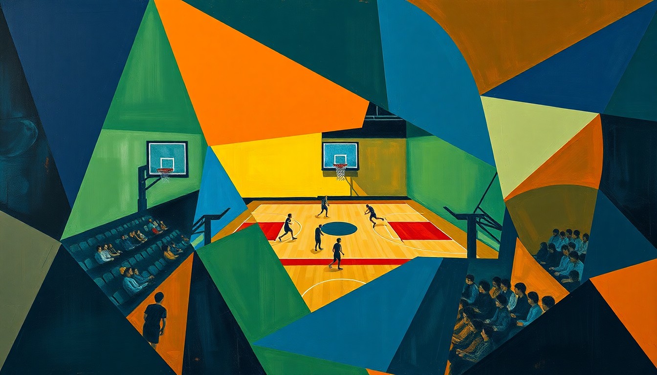 A cubist-style painting depicting a high school basketball game broken down into overlapping geometric shapes and planes in navy, green, and orange tones, conveying the strategic reshaping of a sports program.