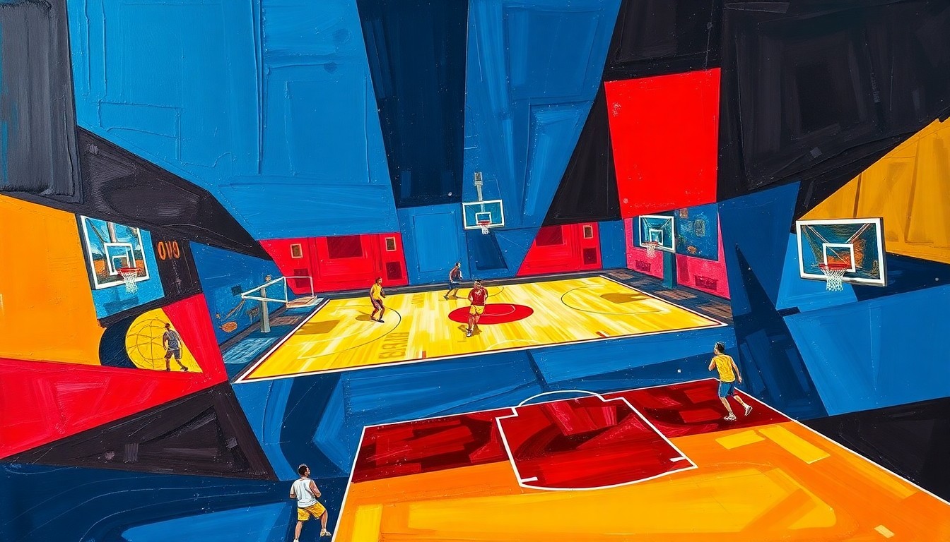 A cubist-style painting featuring overlapping geometric shapes and planes in navy, crimson, and gold, conceptually representing the dynamic nature of a basketball game and the transition of a player to a new team.