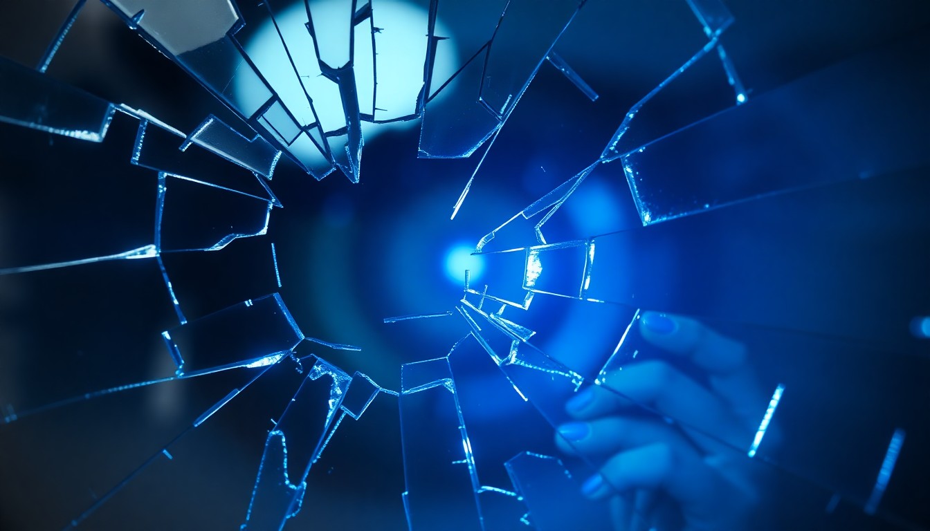 An abstract close-up photograph of a cracked and shattered glass lens reflecting a faint blue light, conceptually representing the fragility of public figures in the modern media landscape.
