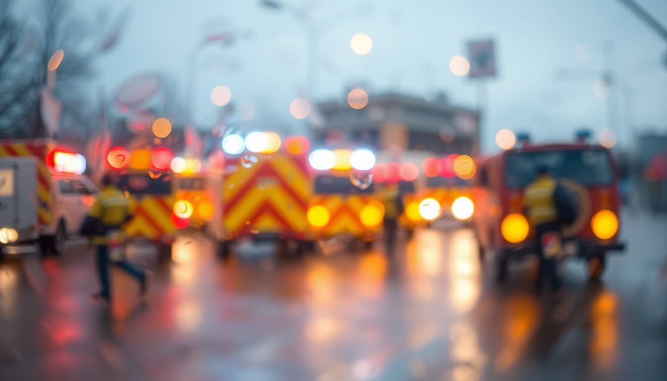 An abstract, impressionistic photograph of blurred emergency vehicles and first responders, captured in a hazy, dreamlike style that evokes the importance of the rescue squad's work.