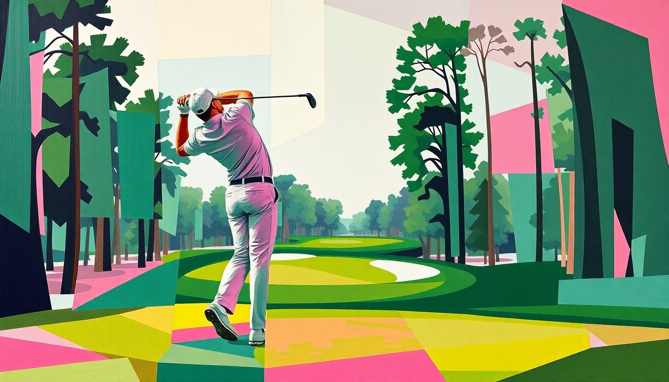 A cubist-style painting depicting a golfer mid-swing on the fairway of Augusta National Golf Club, with the player's form broken down into sharp, overlapping geometric planes in a palette of emerald green, azalea pink, and bright white.
