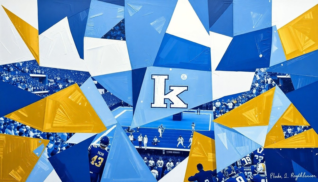 A fragmented, geometric painting depicting a Kentucky football game, with sharp planes of blue, white, and gold representing the dynamic action on the field.