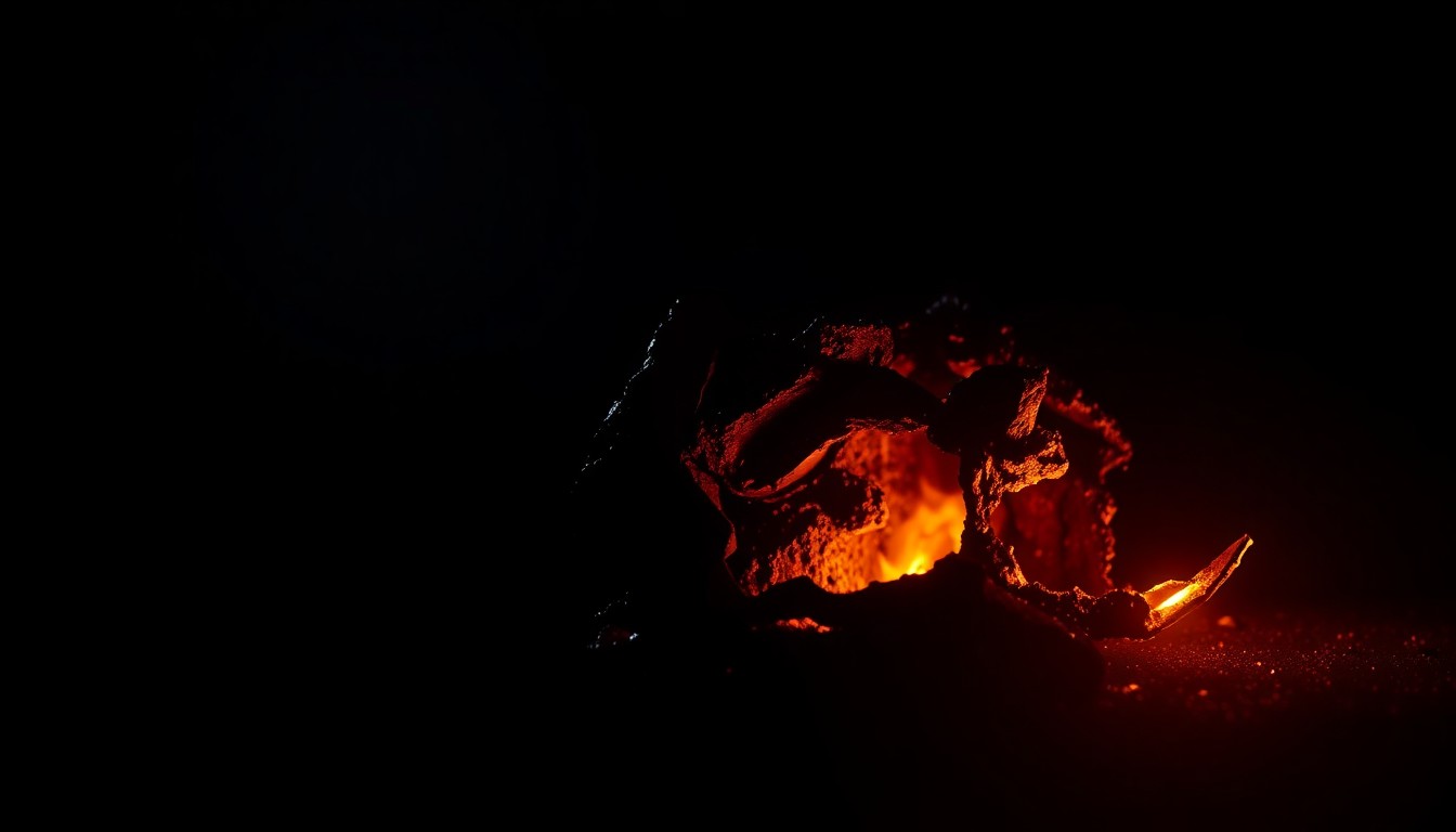 An extreme close-up photograph of a charred, twisted piece of metal from a semi-truck wreckage, conceptually illustrating the aftermath of a serious traffic collision.