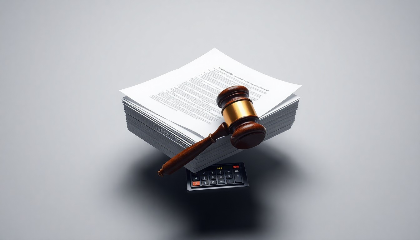A photorealistic studio still life featuring a stack of legal documents, a gavel, and a calculator, conceptually representing the abstract corporate strategy and legal battles surrounding a controversial data center project.