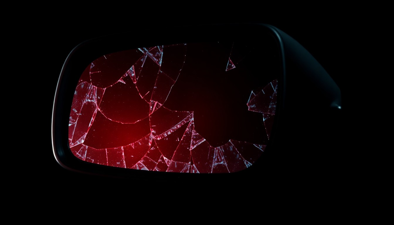 An extreme close-up of a shattered car side mirror reflecting a faint red light, conceptually illustrating the tragic aftermath of a hit-and-run incident outside a Nashville bar.