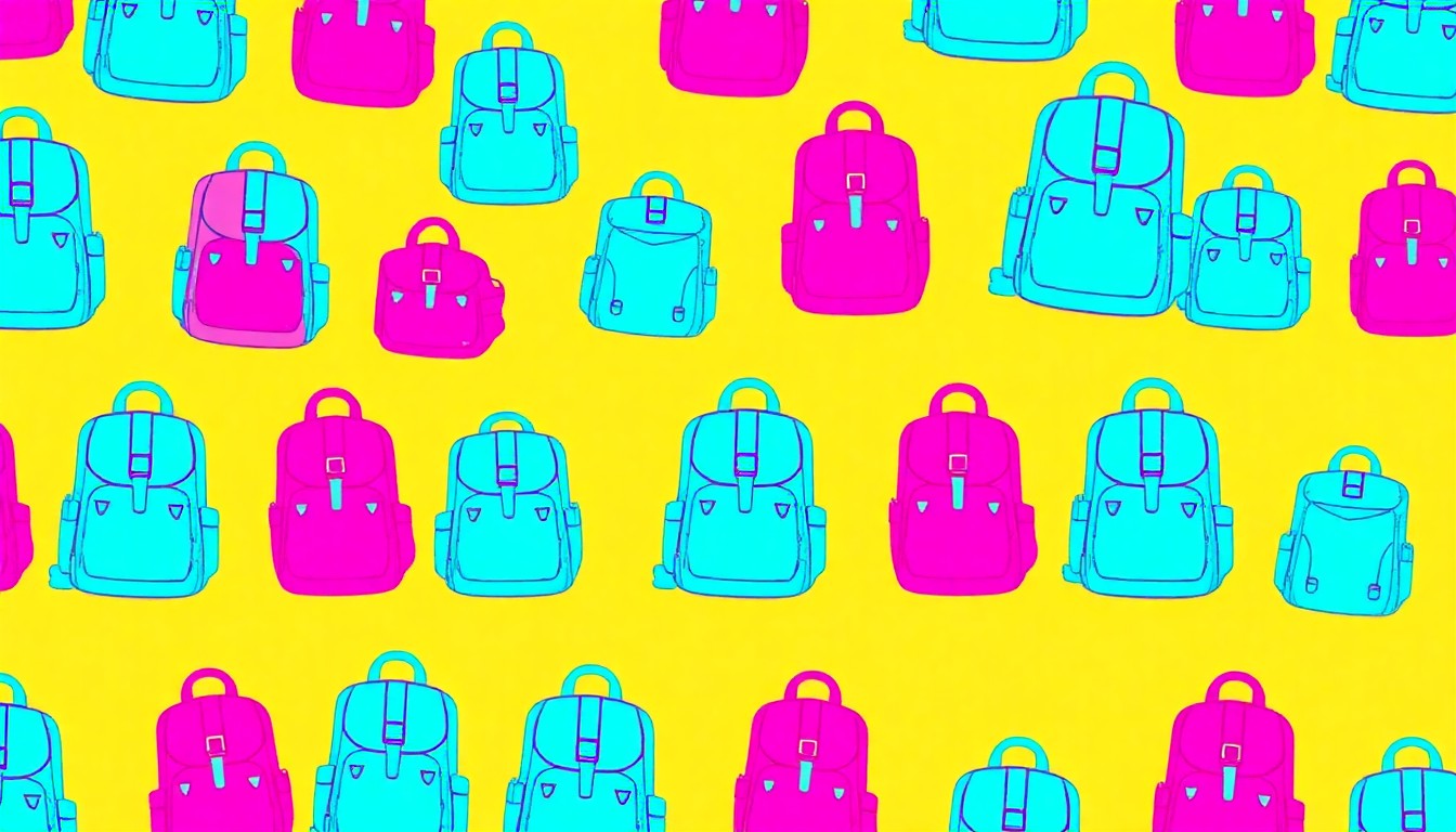 A bold, graphic illustration composed of a repeating pattern of a simple camping backpack icon in neon blue, pink, and yellow, conveying the vibrant energy and possibilities of spending $1,000 on outdoor gear and experiences in Montana.