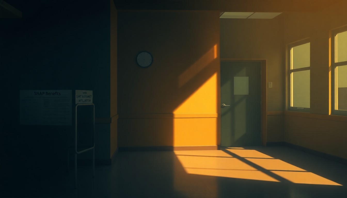 A photorealistic painting in the style of Edward Hopper, depicting a solitary government assistance form or office space filled with warm, diagonal sunlight and deep shadows, conveying a sense of isolation and bureaucratic complexity.