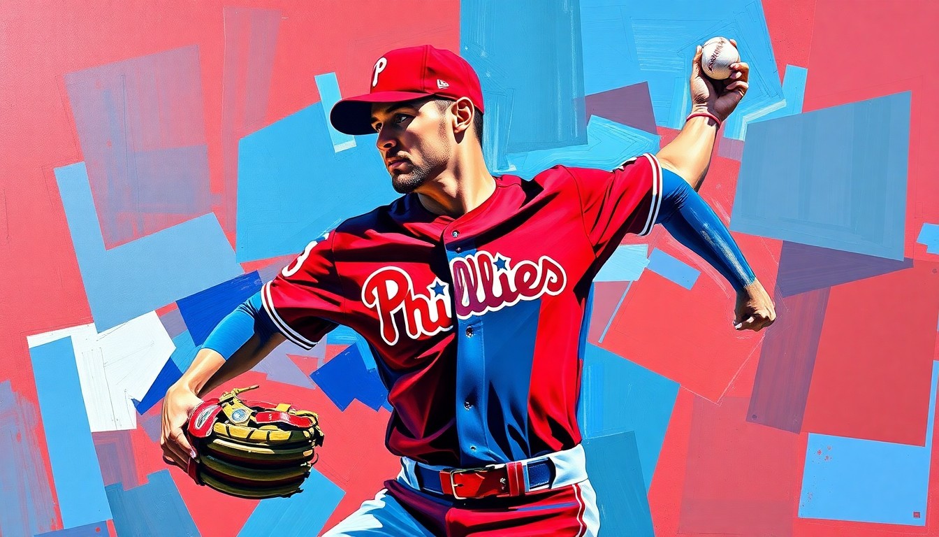 A fragmented, cubist-style painting depicting a baseball pitcher's motion broken down into sharp, overlapping geometric shapes and planes in the Phillies' team colors of red and blue.
