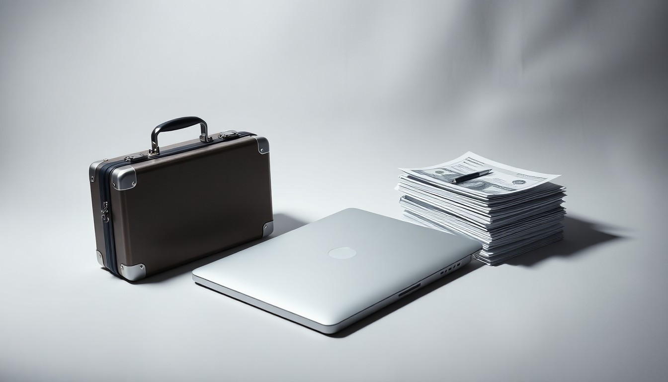 A minimalist studio still life photograph featuring a polished metal briefcase, a sleek laptop, and a stack of financial documents arranged elegantly on a clean, monochromatic background, conceptually representing the corporate strategy and financial implications of companies leaving California.