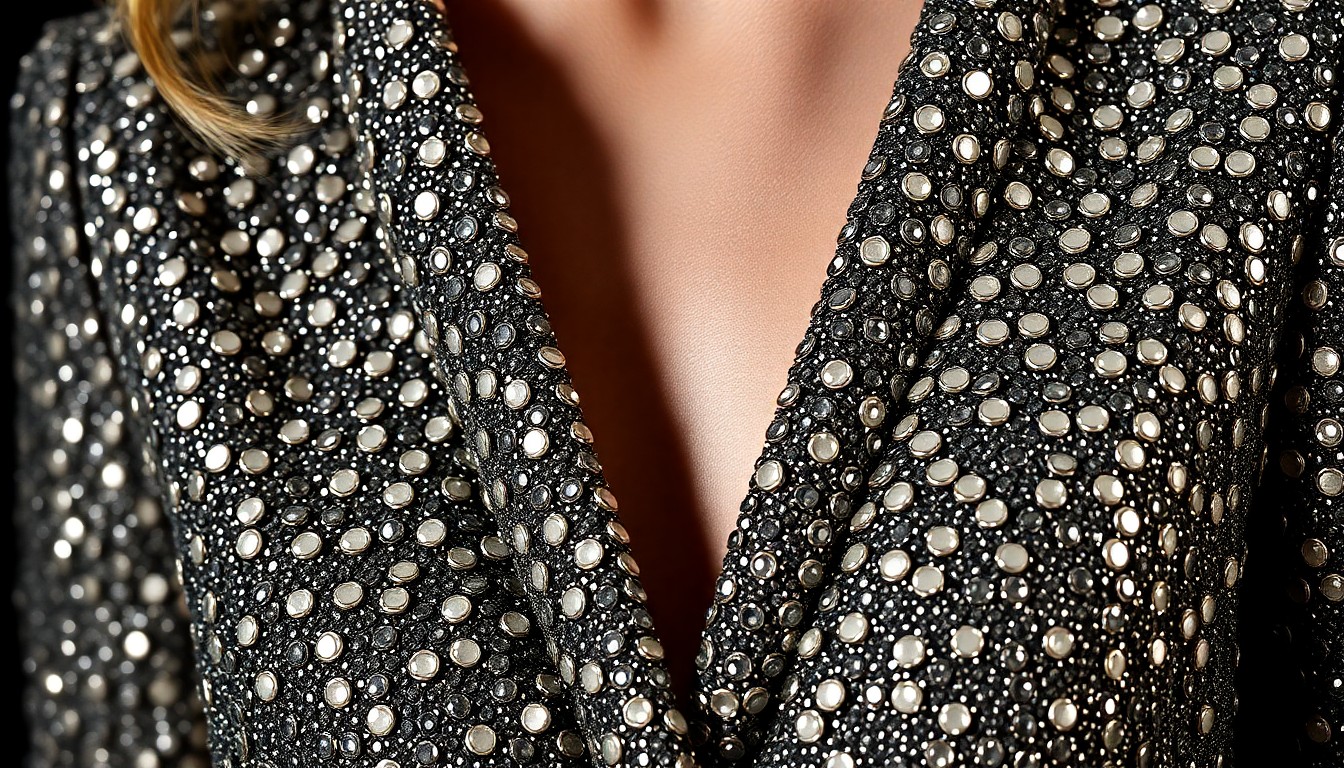 An extreme close-up of the shimmering, textured fabric of Nicole Kidman's Schiaparelli ensemble, capturing the luxurious, high-fashion glamour of her premiere look.