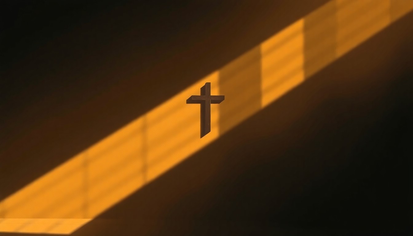 A close-up painting of a solitary religious icon, such as a cross or chalice, bathed in warm, golden light and deep shadows, conceptually representing the conflict between political and religious values.