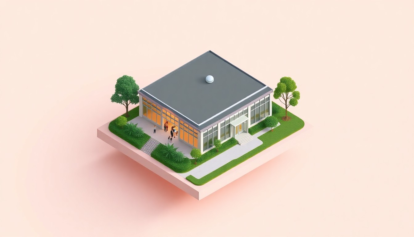 A miniature, stylized 3D illustration of a modern conference center building with a grand event space and breakout rooms, surrounded by lush greenery to represent its location within a state park, conceptually depicting the new facility's role in enhancing the visitor experience.