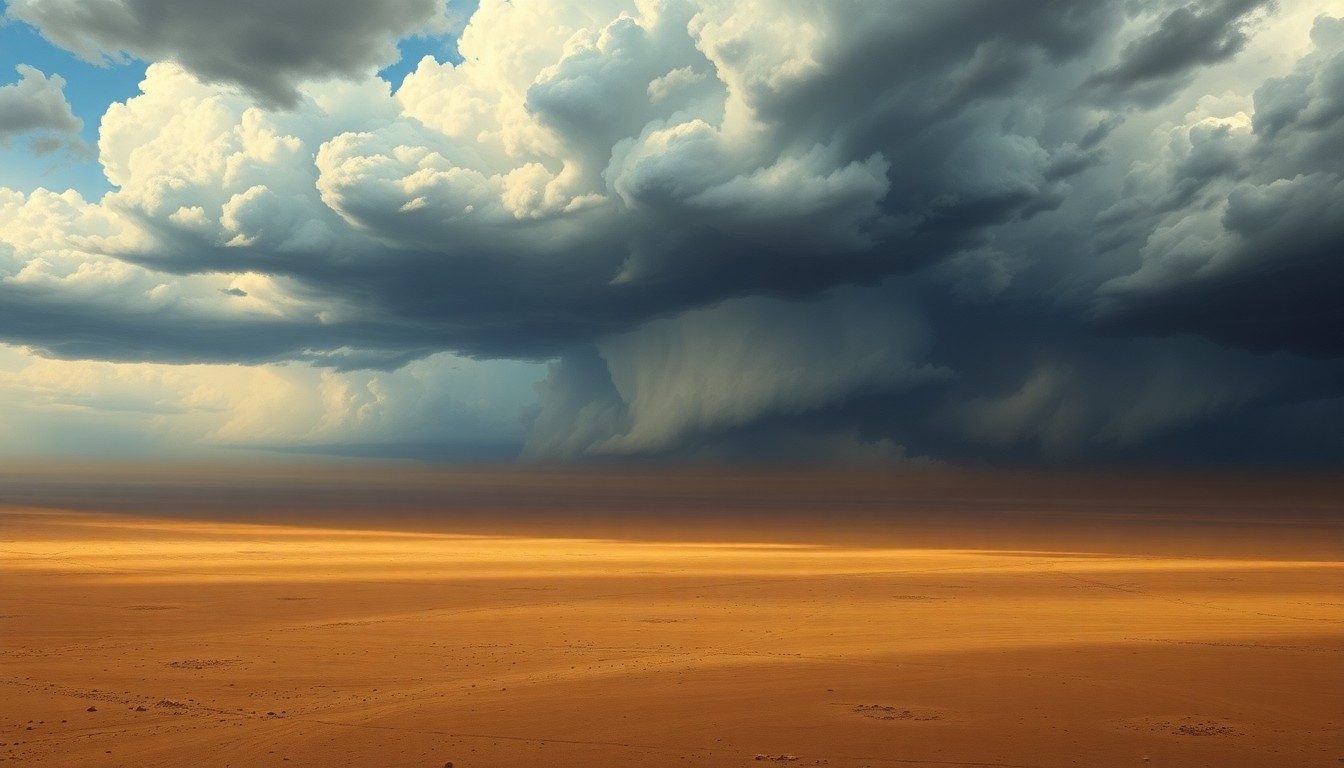A sweeping, atmospheric landscape painting in muted tones of gray, blue, and brown, depicting a dramatic, stormy sky with heavy clouds over a vast, empty desert or plains. The scene conveys a sense of the overwhelming power and scale of the natural world, with the impending weather event dwarfing any physical structures or objects in the frame.