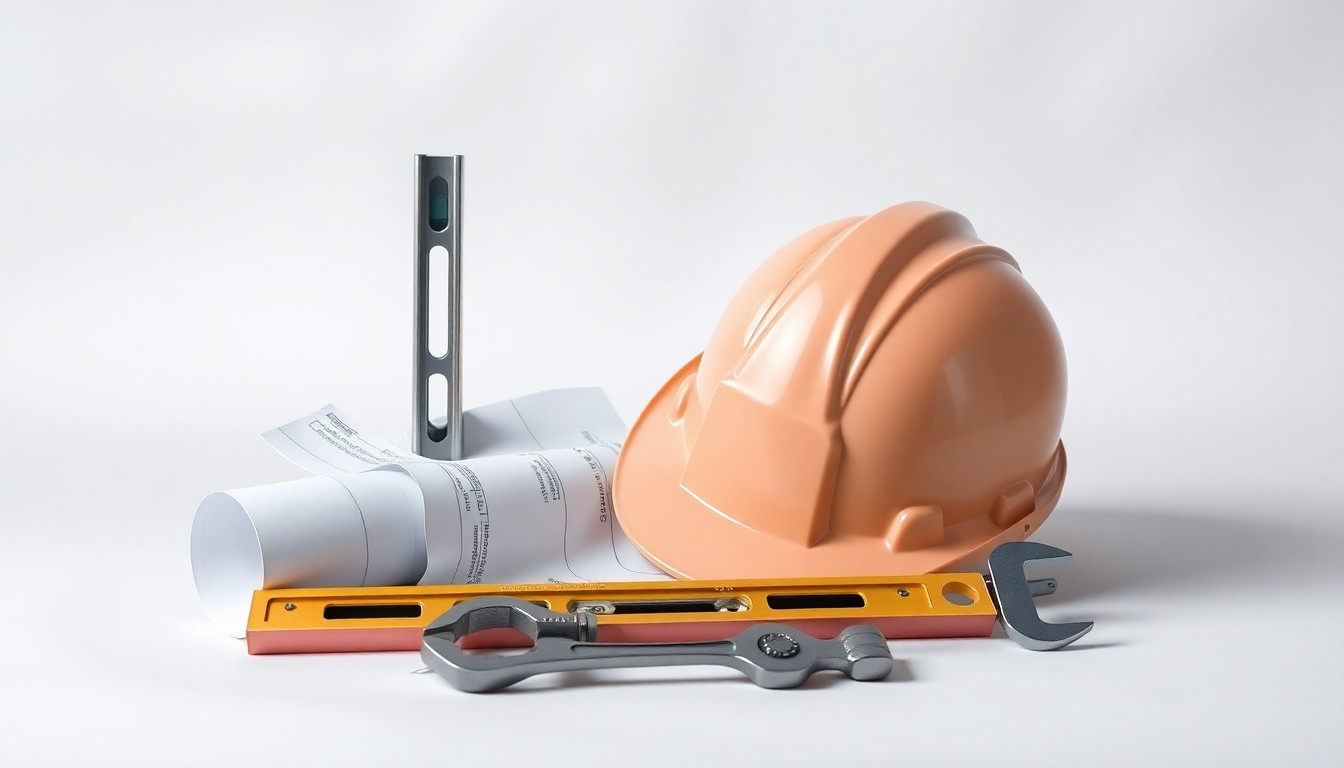 A high-end, photorealistic studio still-life photograph featuring a collection of premium, polished construction materials and tools, including a hardhat, a level, a wrench, and a blueprint, arranged elegantly on a clean, monochromatic seamless background, conceptually representing the abstract challenges of construction project management.