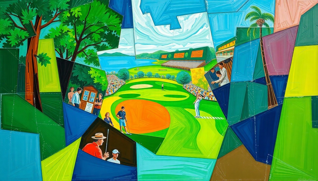 A fractured, multi-perspective painting in a cubist style, breaking down a golf tournament scene into sharp, overlapping geometric planes of vibrant greens, blues, and browns, capturing the dynamic energy of the Masters.