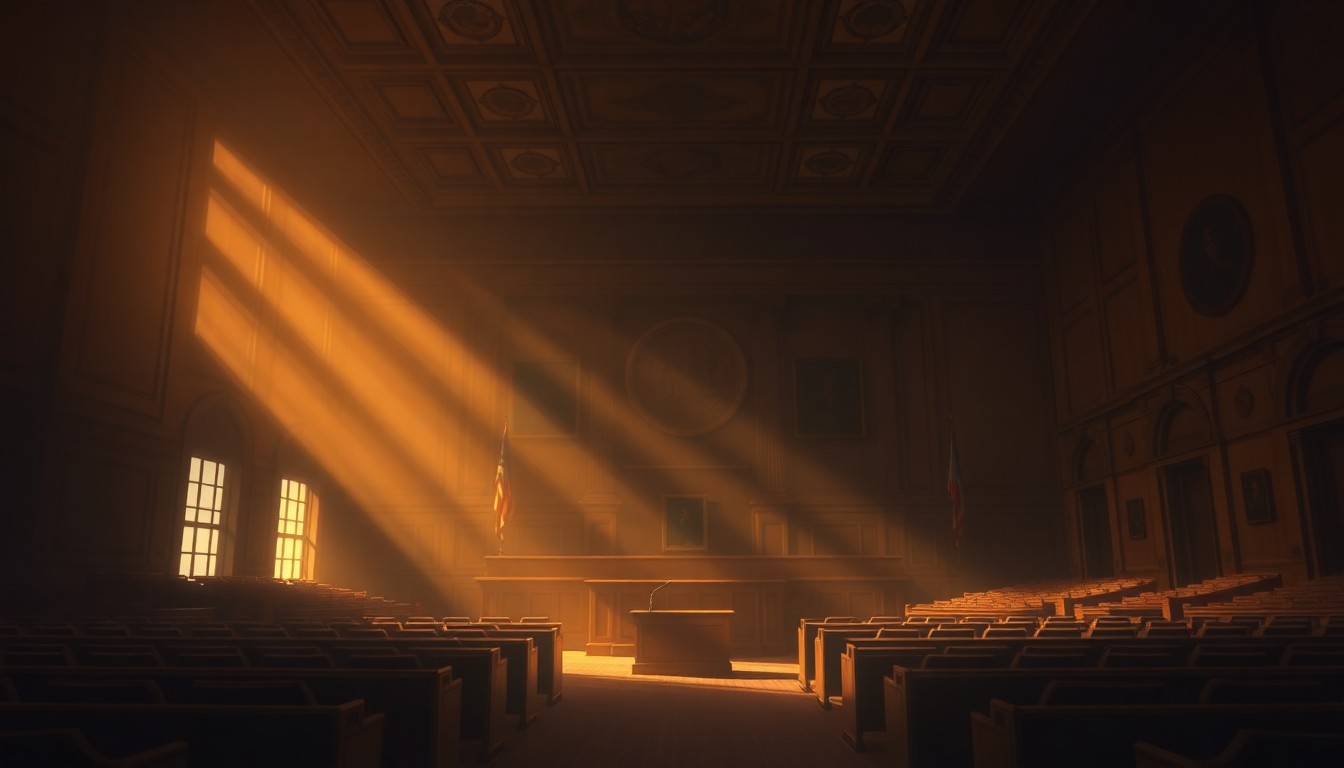 A dimly lit, cinematic painting of an empty city council chamber, with warm sunlight streaming through the windows and deep shadows casting an atmosphere of political tension and unease.