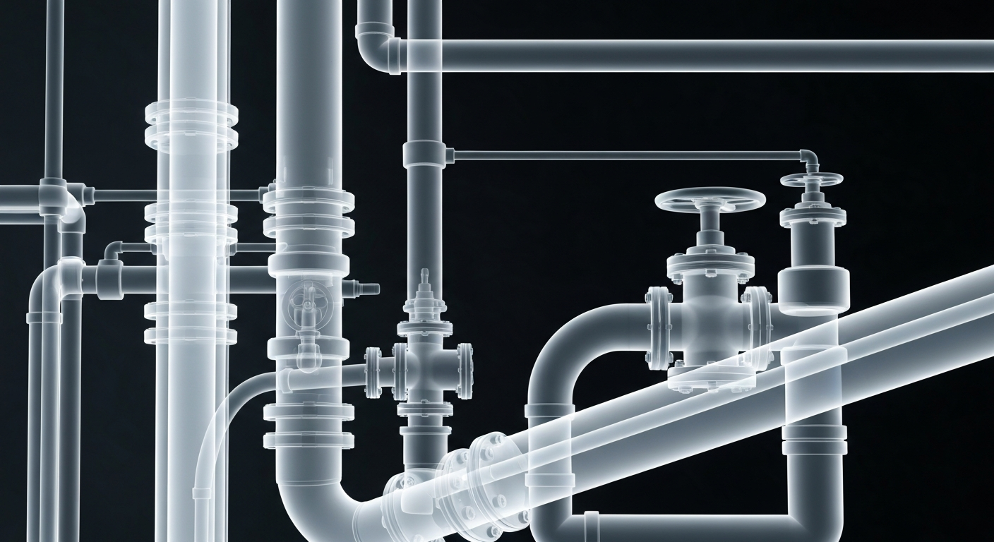 An extreme close-up X-ray photograph showing the intricate network of glowing, ghostly water pipes and valves inside a hospital, conceptually representing the hidden infrastructure that can be disrupted by unexpected failures.