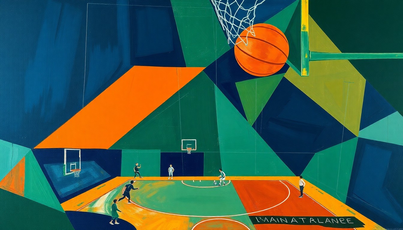 A cubist, geometric painting depicting a fragmented basketball court, with players and the ball broken down into sharp, overlapping shapes in a color palette of navy, green, and orange, conveying the complex impact of the NBA's 65-game rule on award eligibility.